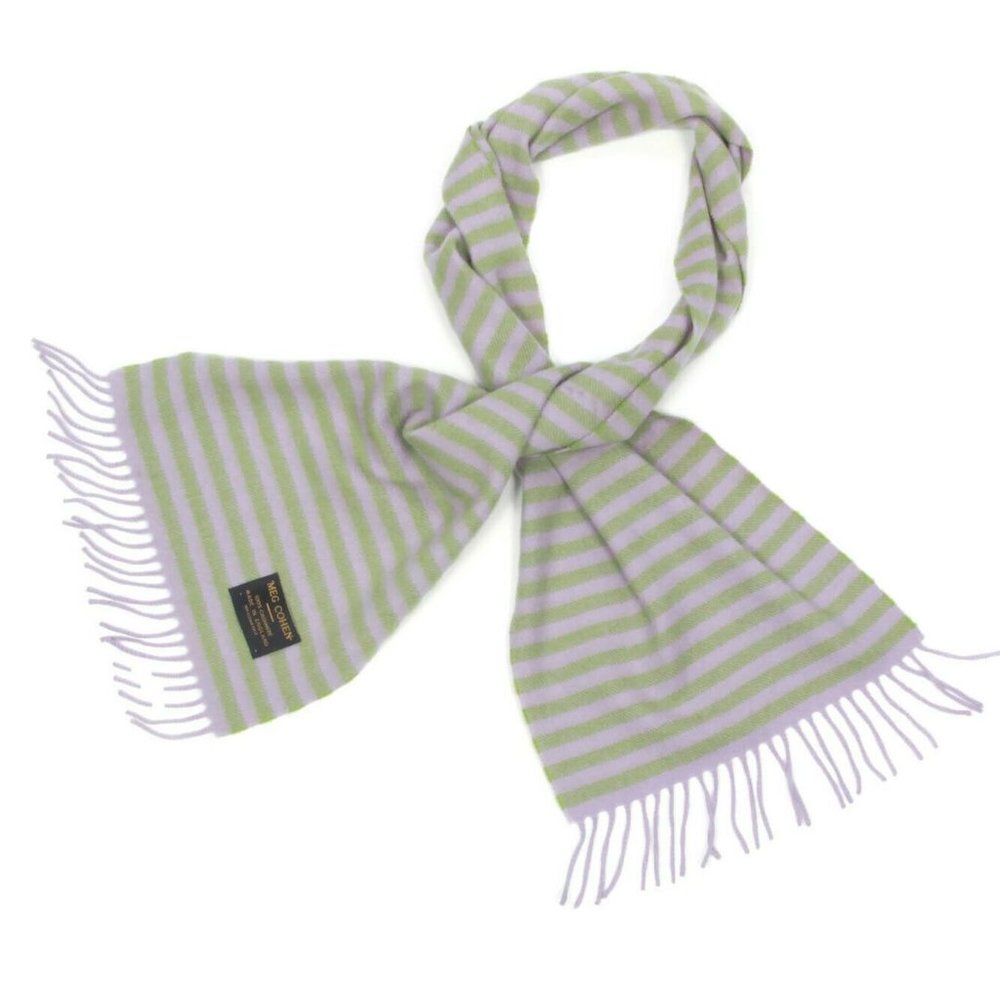 MEG COHEN Striped Lavender Purple Green Cashmere Scarf Fringe Hem /186